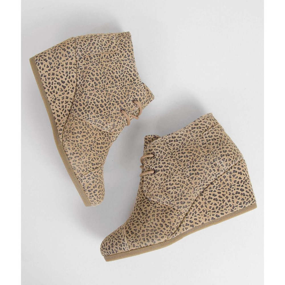 TOMS Desert Wedge Leopard Print Lace Up Ankle Booties Tan Black Women 7.5